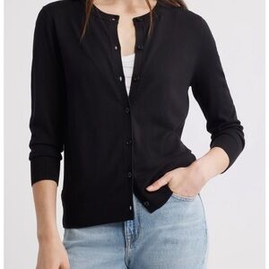 Nordstrom Halogen Women's Black Button Up Crewneck 3/4 Sleeve Sweater Medium